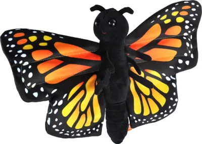 A plush toy monarch butterfly is shown against a white background.