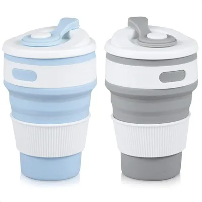 Obrázok produktu pre Skladacia cestovná termoska, 2 kusy, objem 350 ml, silikónová, s vekom, opakovane použiteľná, vhodná na kemping, turistiku a piknik