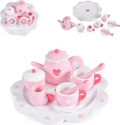 Produktbild von Moni Kinder Teeservice Herz 005 Holz 10-teilig, Kanne, Tassen, Löffel, Teller rosa