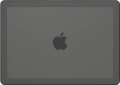 The back of a dark gray MacBook Air laptop case with the Apple logo in the center.