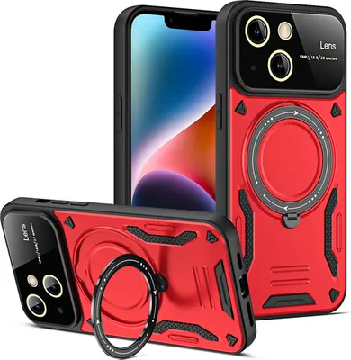 Produktbild von Rüstung Handyhülle für iPhone 14 Plus Dual-Layer Magnetisches Ringhalter Ständer Magsafe Hülle Rot