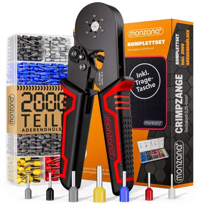 Produktbild von MONZANA® Crimpzange Sechskant 0,25-6mm² 2000tlg. Aderendhülsen Set Ergonomisch Plastikbox Kohlenstoffstahl inkl. Tasche Aderendhülsenzange Werkzeug