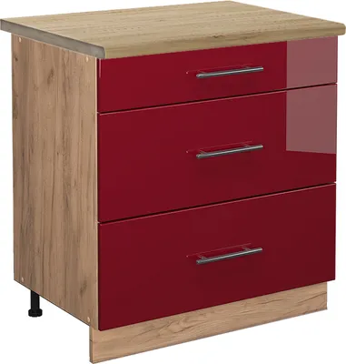 Produktbild von Küchenunterschrank Vicco Fame-Line Bordeaux Hochglanz 80 cm mit 3 Schubladen, AP Eiche, Model 46711