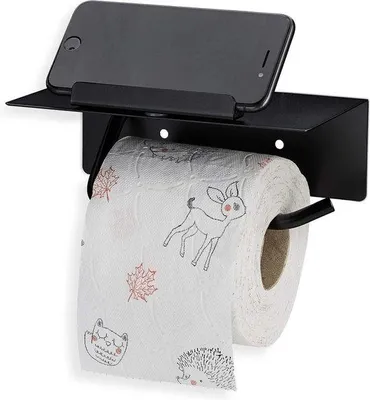 Produktbild von Famanu Toilettenpapierhalter mit Ablage und Telefonhalter - Wandmontage ohne Bohren - Edelstahl matt schwarz