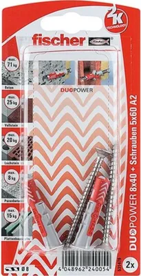 Produktbild von Fischer DuoPower, Schrauben- & Dübelsatz, Mauerziegel, Beton, Gipskarton, Nylon, Grau, Rot, 8 mm, 40 mm