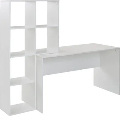 A white desk with an attached shelving unit, shown against a white background.