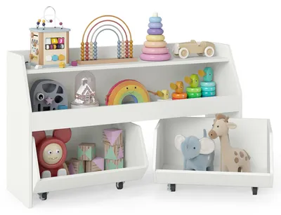 Produktbild von COSTWAY Kinderregal mit 2 Schubladen auf Rollen, Holz Kinderbücherregal mit offenen Fächern, Spielzeugregal montessori, Aufbewahrungsregal 102x30x60cm