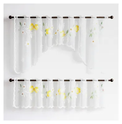 Produktbild von Bistro-Bogen Scheibengardine | 2-teiliges Set | weiß mit farbigem Blumenmuster | Küchengardine | Panneau | Breite 150 cm