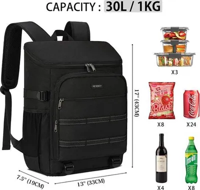 Produktbild von Unyqoos® Kühlrucksack 30 L – wasserdichte, isolierte Picknick- & Camping-Kühltasche aus 1680D Oxford, 33×19×43 cm, Schwarz, mit Flaschenöffner