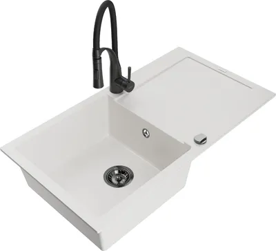 Produktbild von Mexen Leo 1 Becken-Granitspüle mit Abtropffläche und Mischbatterie Aster, Weiß - 6501-20-73450-70-B