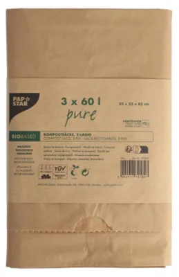 Produktbild von PAPSTAR Kompostsäcke aus Papier "pure", 60 l, 2-lagig, braun | Banderole (3 Stück)