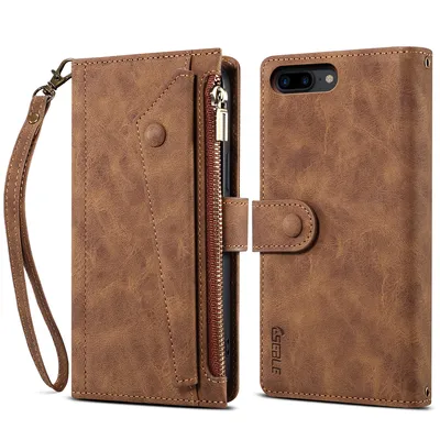 Obrázek produktu pro Ochranné pouzdro pro iPhone 8 Plus/7 Plus/6s Plus/6 Plus, kožené pouzdro na zip, skládací peněženka s přihrádkou na karty, stojánek a poutko Hnědý