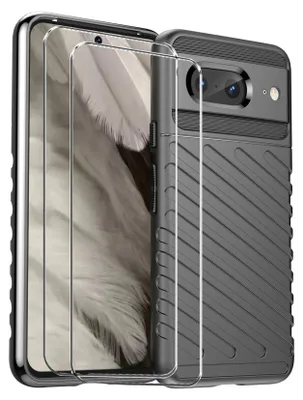 Produktbild von 2in1 Schutz Cover Set für das Google Pixel 7a besteht aus 2x 9H Glas Folie Display Schutzfolie und 1x Silikon Case Schutzhülle - Hülle in Schwarz