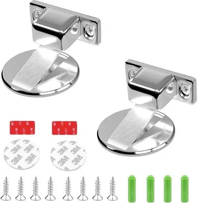 Obrázek produktu pro Magnetické zarážky do dveří – 2 ks – kovové – samolepicí – montáž na podlahu – stabilní – včetně lepidla a šroubů – stříbrné