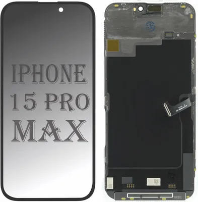 A collage showing two views of an iPhone 15 Pro Max screen replacement part. The left side shows the screen with text overlay, and the right side shows the back of the screen assembly.