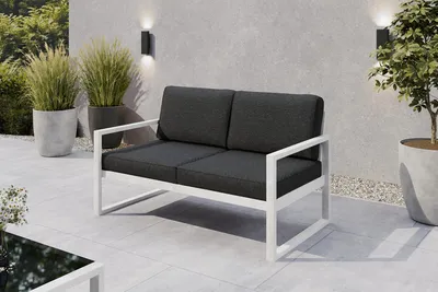 Produktbild von Margaret Hadas24 Gartensofa 2 Sitzer Outdoor Madera Lounge Couch Terrasse wetterfest Balkonmöbel Sitzbank mit Lehne, Gartenmöbel weiß, graubraun