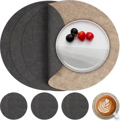 Produktbild von Famanu Platzmatte rund und Untersetzer - Wasserfest - 4 Stück - Grau Beige - Wendbar