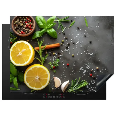 Obrázek produktu pro KitchenYeah® Kryt varné desky citron - bylinky - betonový vzhled, 70x52cm, dekorace do kuchyně, keramický kryt varné desky, krycí deska na varnou desku