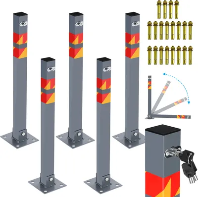 Produktbild von EINFEBEN 5 Set Absperrpfosten Absperrbänder ortsfest Klappbar Parkplatzsperre Parkplatzpfosten 65cm