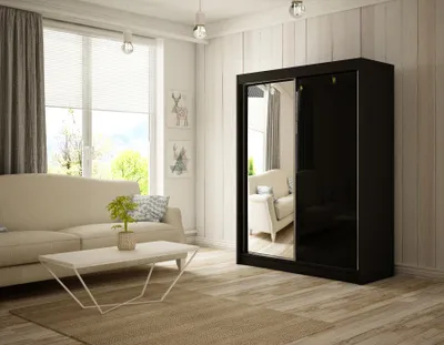 Image de Armoire Venus 150 cm avec 2 portes coulissantes et miroir Livraison à domicile Tringle à vêtements Penderie Armoire (Couleur : noir, lacobel noir)
