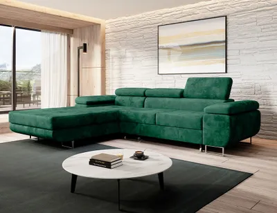 Produktbild von Easy4You Ecksofa NORBERG Velvet L-Form Flaschengrün – 279x72x205 cm - Schlafsofa mit Bettkasten und Schlaffunktion - Eckcouch mit Stauraum – Links – Stoff Monolith 37