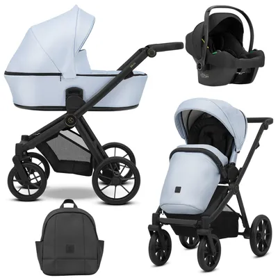 Immagine prodotto di Carrozzina Kunert BRAV 3in1 in ecopelle blu con telaio nero, ruote in gel e seggiolino auto Cosmo