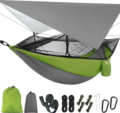 Produktbild von Topchances Kempingová houpací síť s moskytiérou a plachtou, cestovní plachta pro outdoor, turistiku, treking (šedá + zelená)