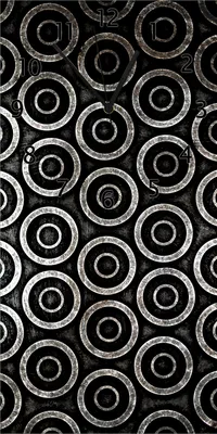 Produktbild von Wallario Design Wanduhr bedruckt, Größe 30 x 60 cm, Motiv: Abstraktes Kreismuster in schwarz und silber