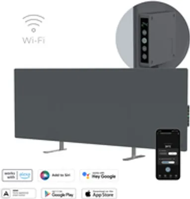 A gray infrared heating panel with a smartphone displaying its controls, and icons indicating smart home compatibility.