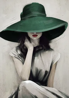 Zdjęcie produktu dla STYLER Obraz na płótnie 70x100 cm Green Hat kobiecy portret zielony kapelusz nowoczesna dekoracja ścienna do salonu sypialni biura