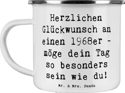 Produktbild von Mr. & Mrs. Panda Emaille Tasse Spruch 1968 Geburtstag - Weiß - Geschenk, Zitat, Sprichwort, Pott, Glückwunsch, Botschaft, becher, 1968er, Geburtstagsgeschenk, besonderes