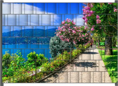 Produktbild von Wallario Zaunsichtschutz mit Motiv Blütenpromenade am Seeufer für Ein- und Doppelstabmatten Zäune in der Größe 200 x 140 cm