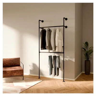 Produktbild von Wandmontierte Kleiderstange 105 x 222 cm - Offener Kleiderständer aus Metall in Schwarz mit Wasserrohren - Tragfähigkeit 200 kg