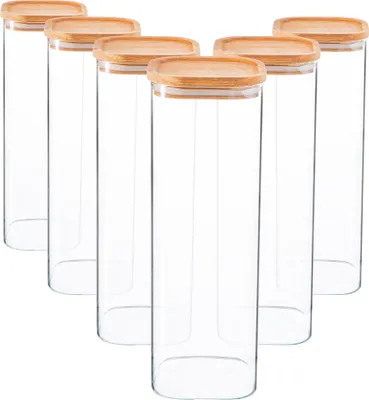 Produktbild von Quadratische Vorratsgläser aus Glas mit Holzdeckel – 2,2 Liter – 6 Stück