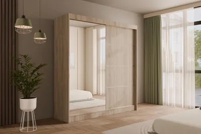 Produktbild von ALTDECOR Kleiderschrank mit Spiegel und Schiebetüren, kugelgelagerte Führungsschienen und Aluminium-Leisten - PAOKI - 200 cm Sonoma