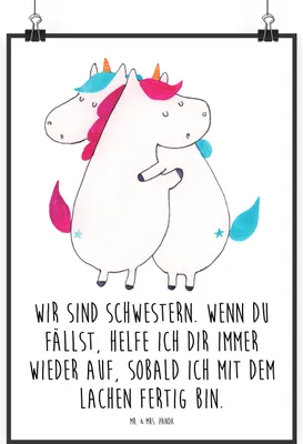 Produktbild von Mr. & Mrs. Panda Bild Einhörner Umarmen DIN A2 - Weiß - Geschenk, Wandbild, Unicorn, Einhorn, BFF, Plakat, Freundin, Design Poster, Liebe, Schwestern, wanddeko, drucke