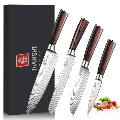 Produktbild von Küchenmesser Set 4-teilig Carbon Edelstahl 20,5 cm Kochmesser 20 cm Brotmesser 13 cm Santokumesser 10 cm Universalmesser