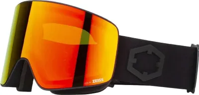 A pair of ski goggles with a reflective lens, shown against a white background.