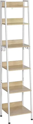 Immagine prodotto di Scaffale portaoggetti con 6 ripiani e 4 ganci | Bianco + legno di faggio chiaro | 41x36x187 cm