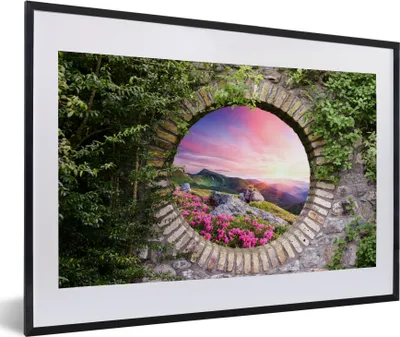 Produktbild von MuchoWow® Gerahmtes Poster Landschaft - Blumen - Aussicht - Berg 60x40 cm - Poster mit Schwarzem Bilderrahmen Wandposter Rahmen Foto Bilder - Schlafzimmer - Plakat in Rahmen - Drucken