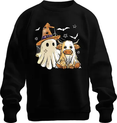 Produktbild von Halloween Kuh Geist süßes Kostüm Spinnennetz Hexenhut Cartoon Uni Sweatshirt Pullover, Schwarz, 3XL