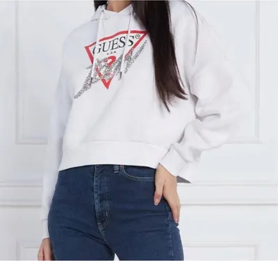Imagen del producto de GUESS - Sudadera con capucha para mujer, modelo Icon, color blanco, talla XS. Comodidad y estilo gracias a su confección en algodón