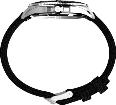 Side view of a watch with a black strap.