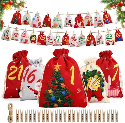 Productafbeelding van Adventskalender om te vullen - Groot en klein - Met 24 stoffen zakjes - Jute zakjes - 13 x 18 cm - 10 x 15 cm - Inclusief henneptouw