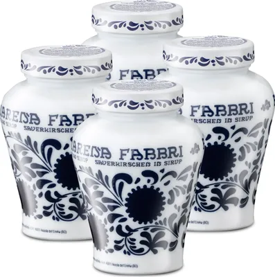 Produktbild von Food-United AMARENA FABBRI 1905 Opaline 4x600g Amarena-Kirschen aus Italien halb-kandiert in Sirup - ohne Aroma- Farb- & Konservierungsmittel & Koscher-Halal, für Amare-Kirschen-Becher-Eis oder für Amarena-Sorbets-Cocktails-Desserts, GVO-Frei Glute