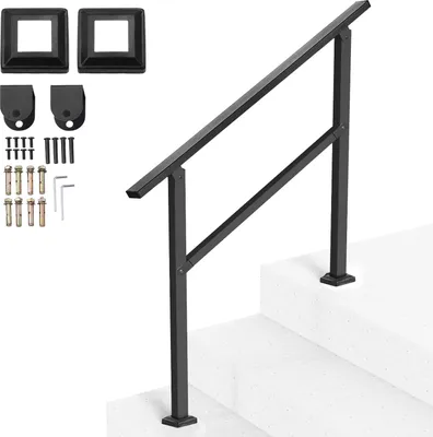Produktbild von VEVOR Handlauf 103 cm, Treppengeländer-Set für 2–3 Stufen, schwarzes Vierkantrohr mit horizontaler Stange, Stützgeländer Kohlenstoffstahl für Senioren, Beton- & Decktreppen