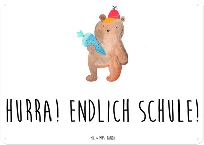 Produktbild von Mr. & Mrs. Panda Schild Bär Schultüte DIN A3 - Weiß - Geschenk, Wandbild, Schulbeginn, Grundschule, Teddy, Schulanfang, tafel, Erster Schultag, Blechschild, Magnetschild
