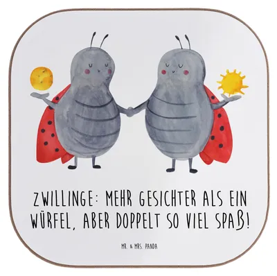 Produktbild von Mr. & Mrs. Panda Untersetzer für Gläser Zwillinge Spaß - Weiß - Geschenk, Tierkreiszeichen, gläseruntersetzer, Tischuntersetzer, Coaster, Horoskop, Zwillingspaar, Glas