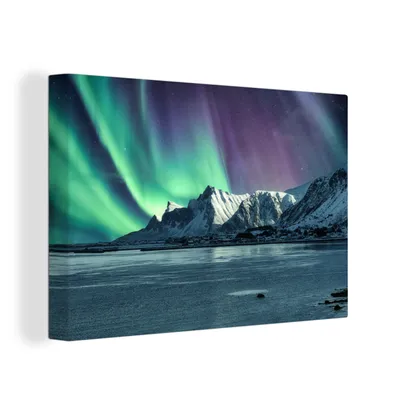 Produktbild von OneMillionCanvasses® - Leinwandbilder - 150x100 cm, Nordlichter - Schnee - Norwegen, Wandbilder Kunstdruck Wanddekoration