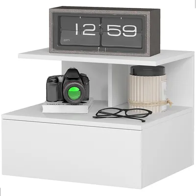 Produktbild von Nachttisch h?ngend Beistelltisch mit Schublade, offenes Fach Wei?, 39,8 x 35 x 31,6 cm